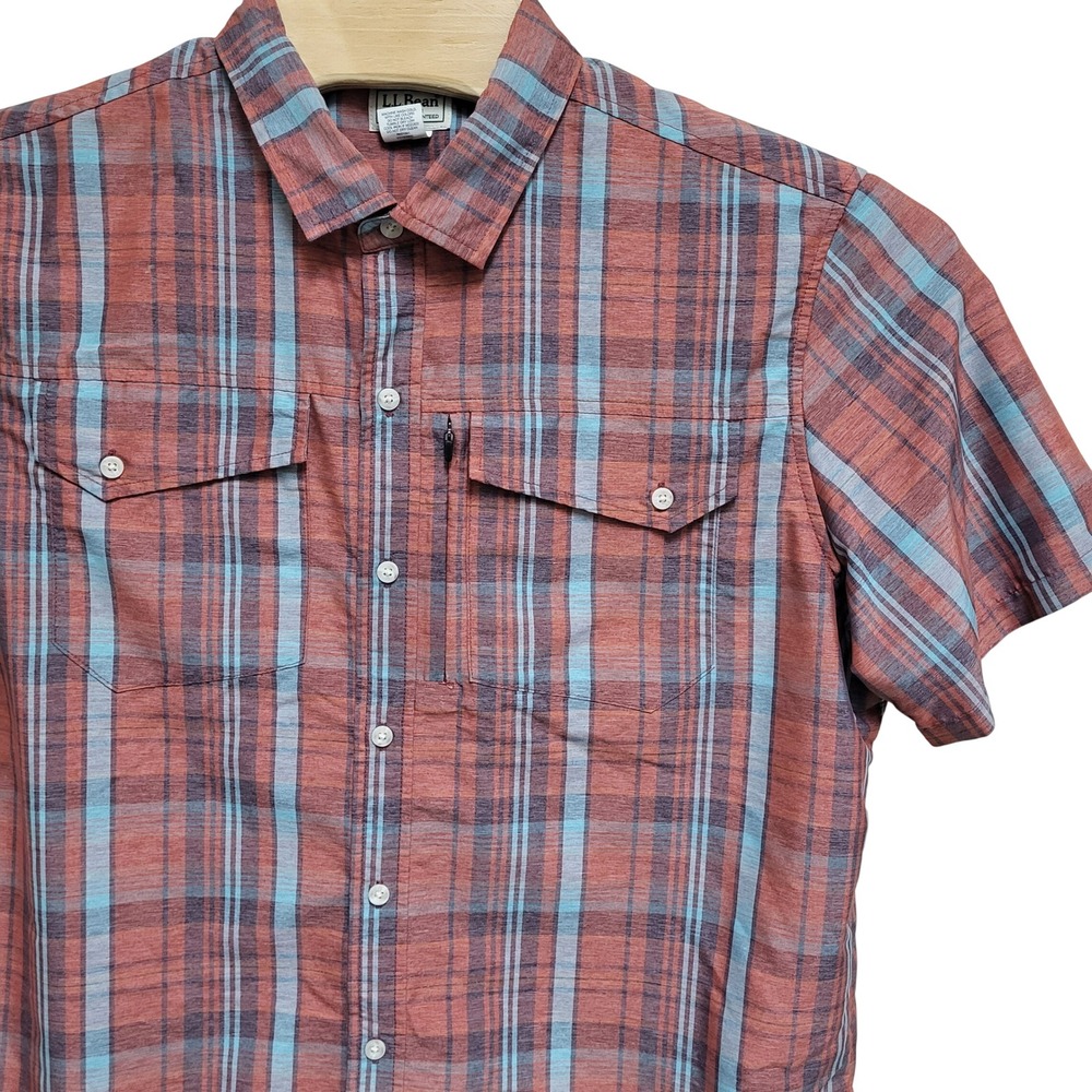 LL Bean Mens‎ Large Plaid Short Sleeve Hiking Shirt Red Blue Button Up 513149